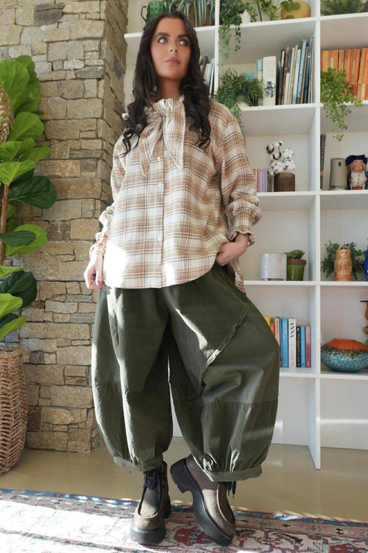 Agnes Plaid Brushed Cotton Neckerchief Blouse Camel